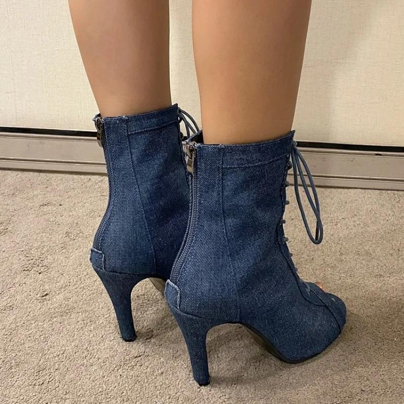 Fashion New Classic Blue Denim Fabric Cross-Strap Peep Toe Women Ankle Boots Spring Summer Sexy Elegant High Heels Party Dress Pumps