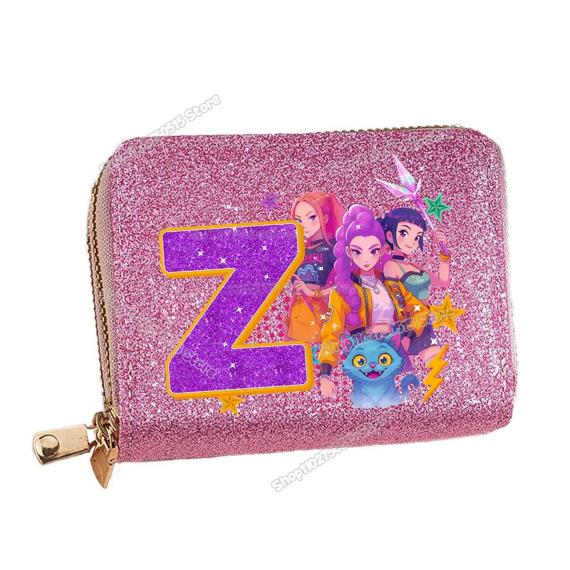 Korean Pop Demon Hunters Letter A-Z Women Short Wallet Bling Sequin Pu Leather Wallets Zipper Coin Purse ID Card Holder Girl Purse