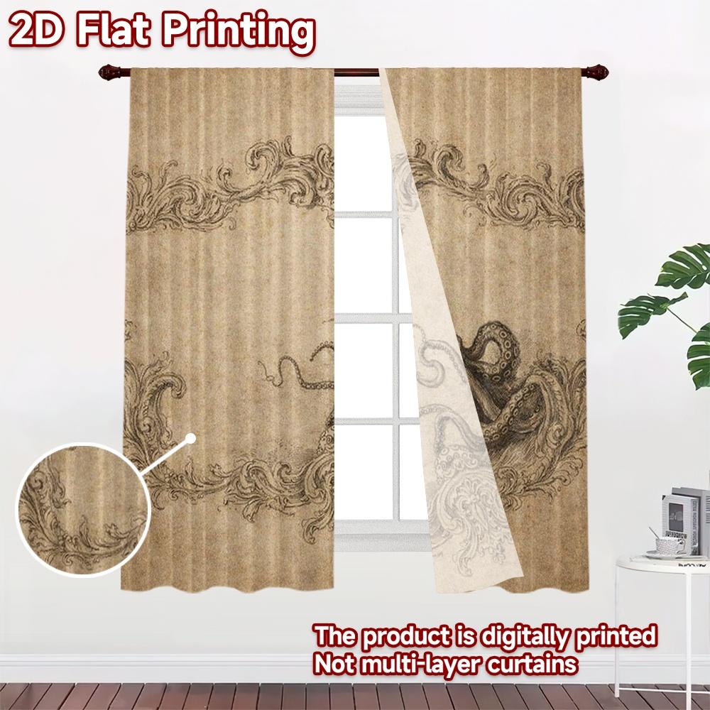 2D FLAT PRINTING 2pcs Curtains (Without Rod) Intricate Octopus Sketch Modern Curtains&Window Treatment Prints Light Filtering