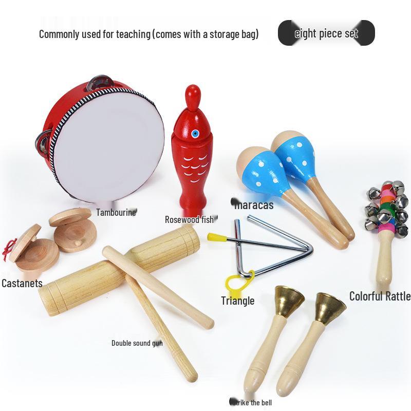 Children's Orff Percussion Instruments: Triangle, Castanets, Maracas, Tambourine, Wood Block, Cymbals