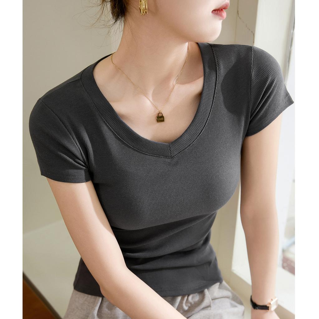 V-neck T-shirt for Women's Short-sleeved Summer New Slim Top Base Shirt