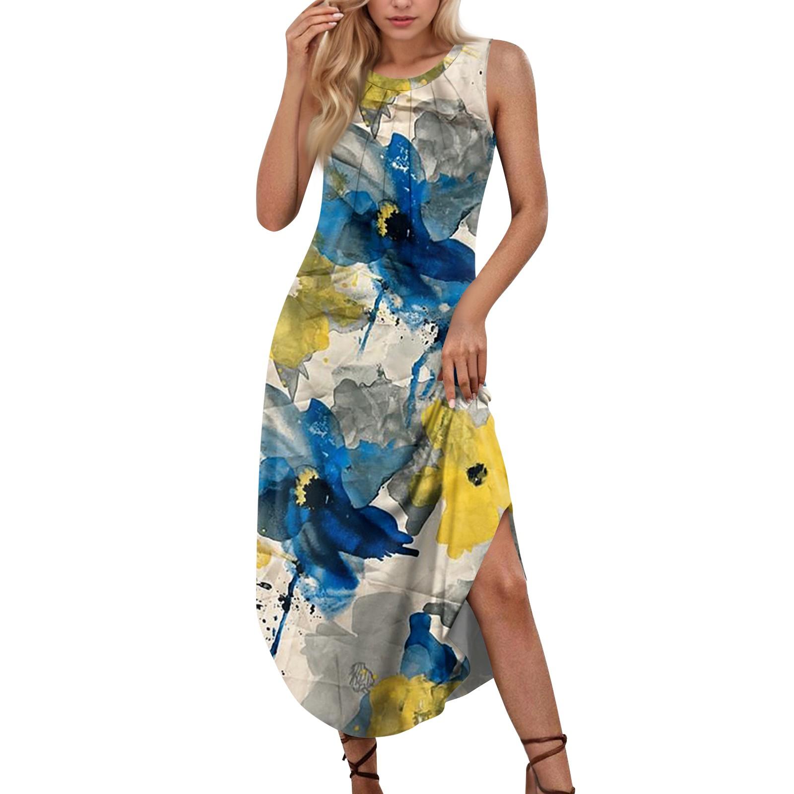 

Женские летние повседневные платья без рукавов с принтом и U-образным вырезом S синий