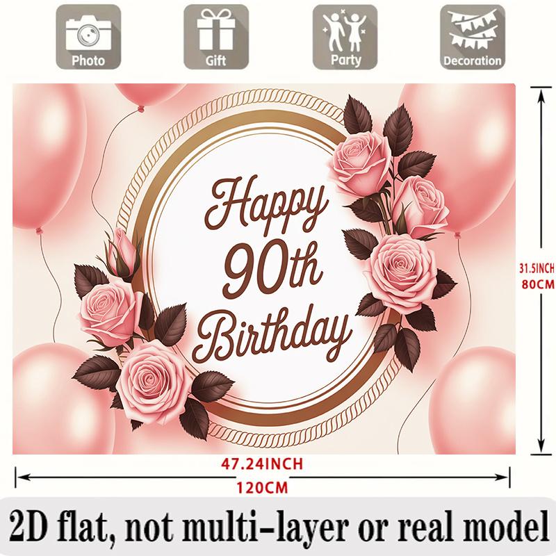 90th Birthday Banner, Pink Roses Golden Frame Backdrop Wall Decor for Party
