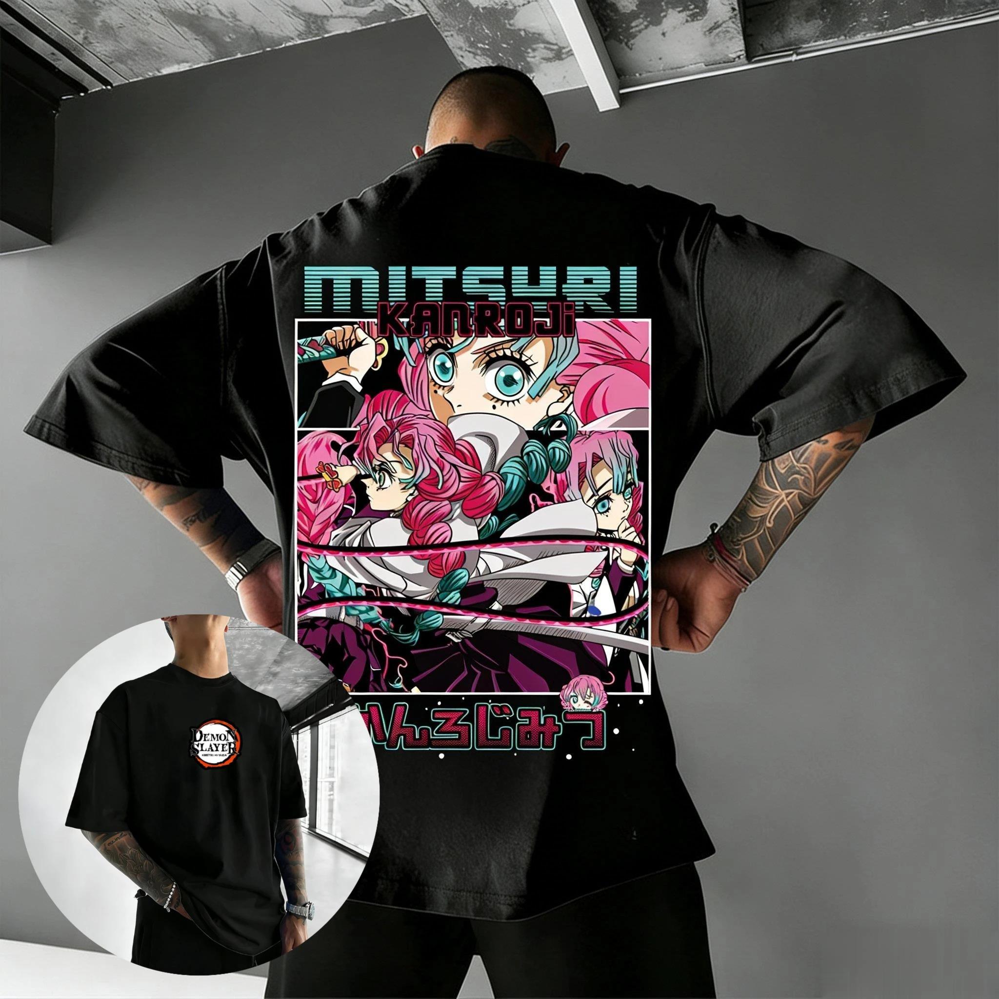 Клинок, рассекающий демонов: Мицури Канродзи (Столп Любви) Винтажная оверсайз футболка с аниме-графикой, двусторонняя уличная футболка, унисекс повседневный топ 4XL