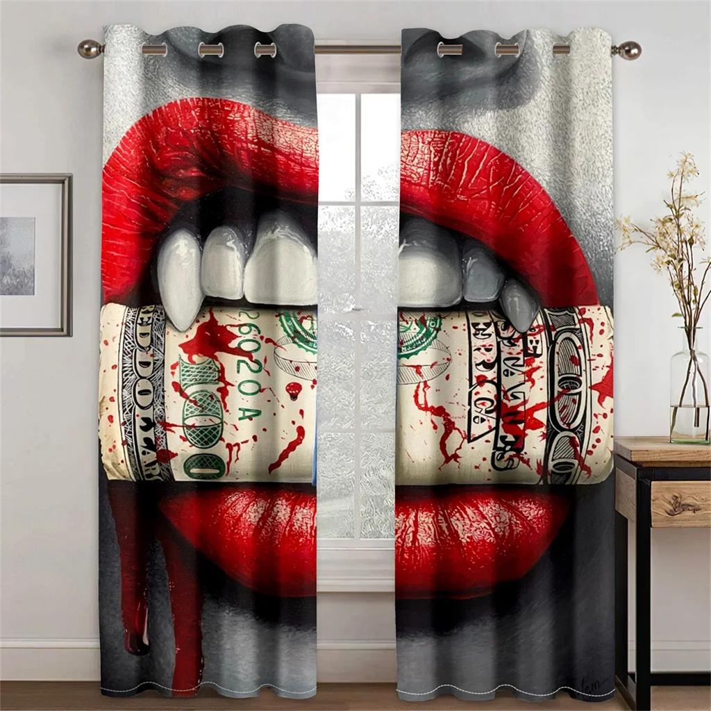 3D Sexy Rainbow Abstract Art Mouth Girl Light Filtering Drapes Window Curtains for Living Room Bedroom 2 Pieces Decor