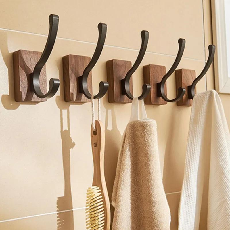 New Simple Solid Wood Hook Walnut Hanging Hanger Bathroom Wall Hook Bedroom Coat Storage Rack Home Towel Key Decoration Hook