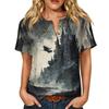 Women Casual Short Sleeve Henley Shirt with Chest Pocket Halloween Themed Graphic Print Cotton Linen Blended Fabric Relaxed Fit