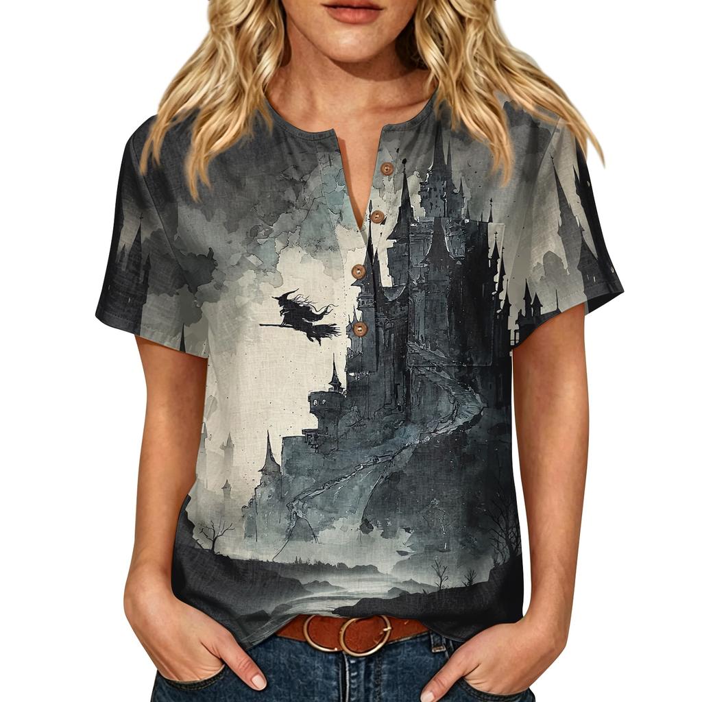 Women Casual Short Sleeve Henley Shirt with Chest Pocket Halloween Themed Graphic Print Cotton Linen Blended Fabric Relaxed Fit