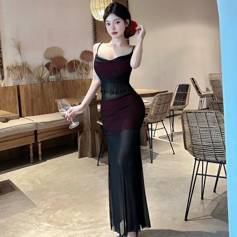 High-Waisted V-Neck Sheer Mesh Panel Long Slip Dress Women Sexy Chic Party Wear In Black Red