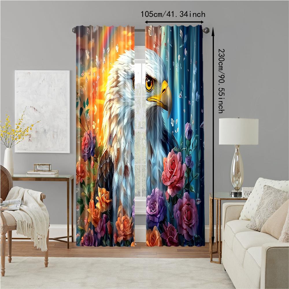 2 Pcs, Versatile Polyester Transparent Curtains for Home Decoration Eagle & Floral for Use In Bedrooms and Living Rooms