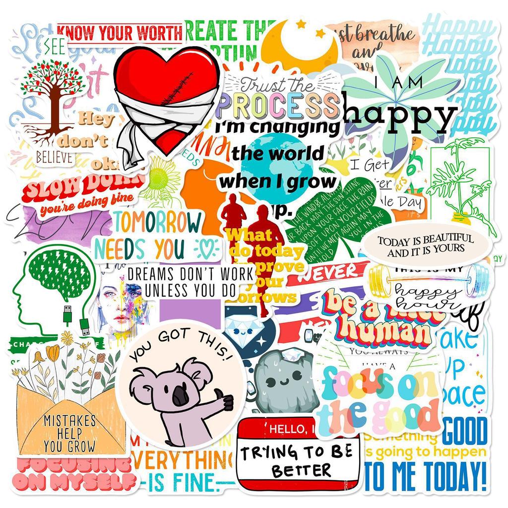 50 Inspirational Text Stickers Colorful English Letters Personalized Student Pencil Box Wall Stickers for School Season