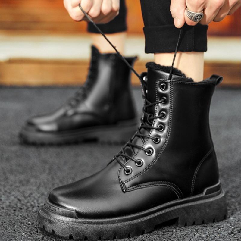 Men's Boots Outdoor Waterproof Leather Boot Classic Black High Top Boot Plush Warm Winter Boots Fashion Motorcycle Boots for Men