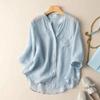 women stand collar linen blend shirt three quarter sleeve loose fit casual blouse