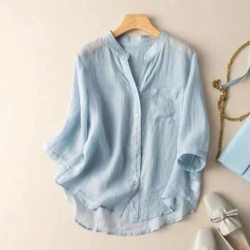 women stand collar linen blend shirt three quarter sleeve loose fit casual blouse