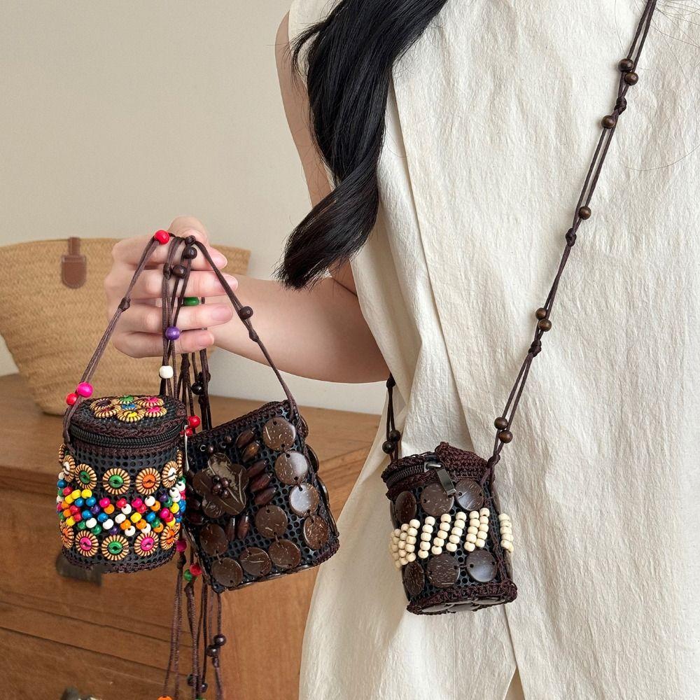 Tragbare Stoff-Umhängetasche im ethnischen Stil, Retro-Kokosnussschale, handgeflochtene Tasche, Vintage-Handtasche, Bohemian-Umhängetasche für Damen