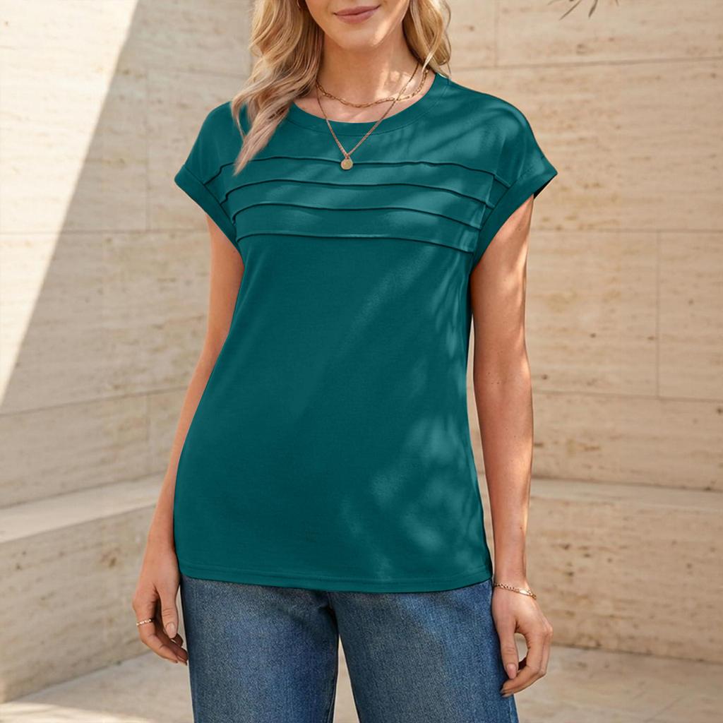 Women's Casual Top Monochrome Pleated Top Round Neck Short Sleeved Shirt