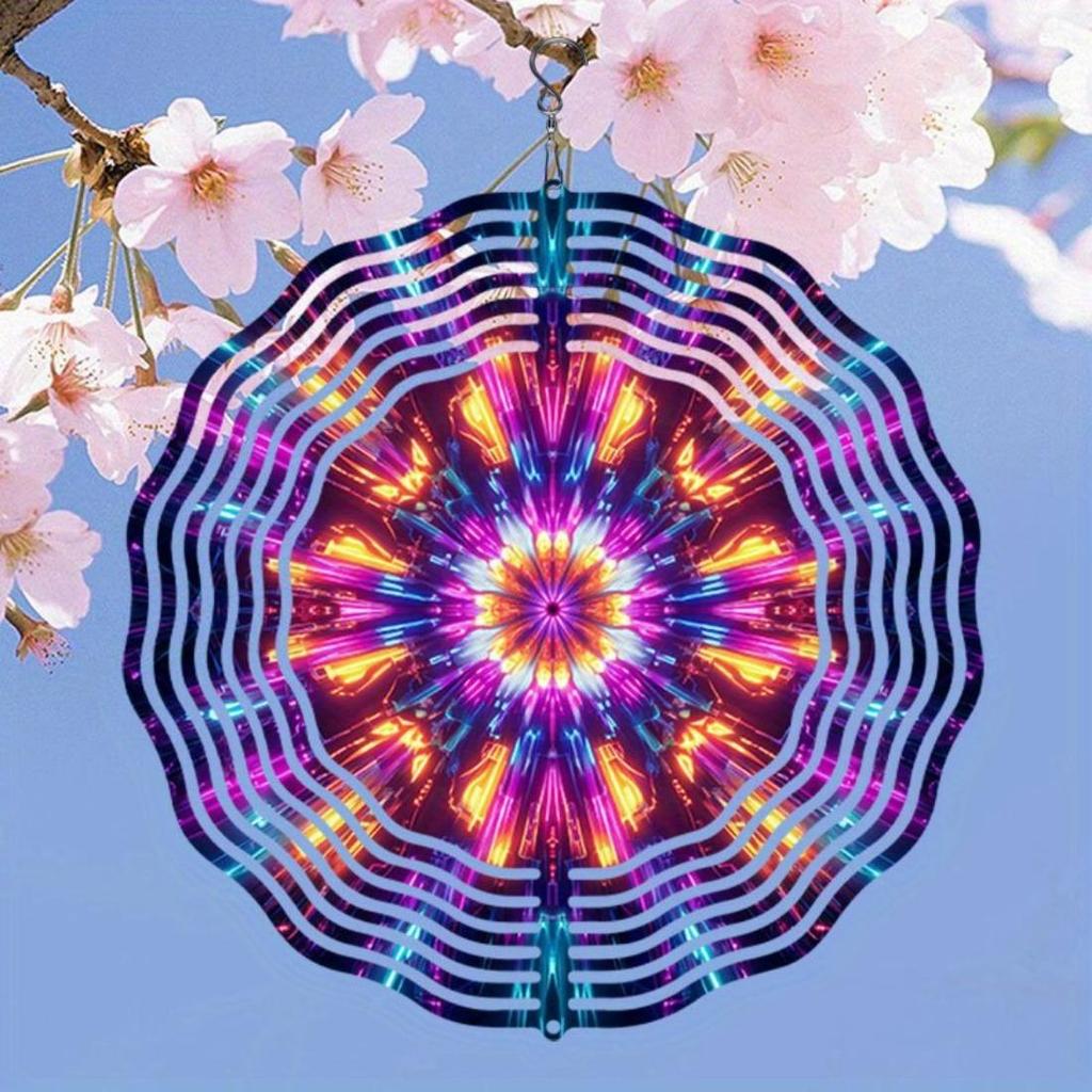 Vibrant 3D Mandala Wind Chime Colorful Kaleidoscope Pattern Dynamic Rotation Art Metal Hanging Decor for Indoor Outdoor Thanksgiving Christmas Gift