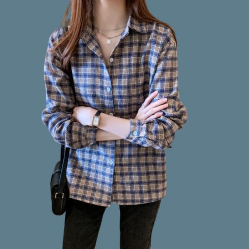 WTEMPO New Casual Plaid Shirt Women's Long-sleeved Korean Version Loose Large Vintage Versatile Top