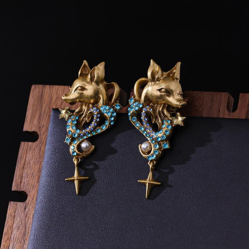 Middle Ages Fox-Shaped Earrings Unique Retro 3D Versatile Ear Studs Heavy-Duty Earbob With Colorful Diamond Inlays Jewelry Gift