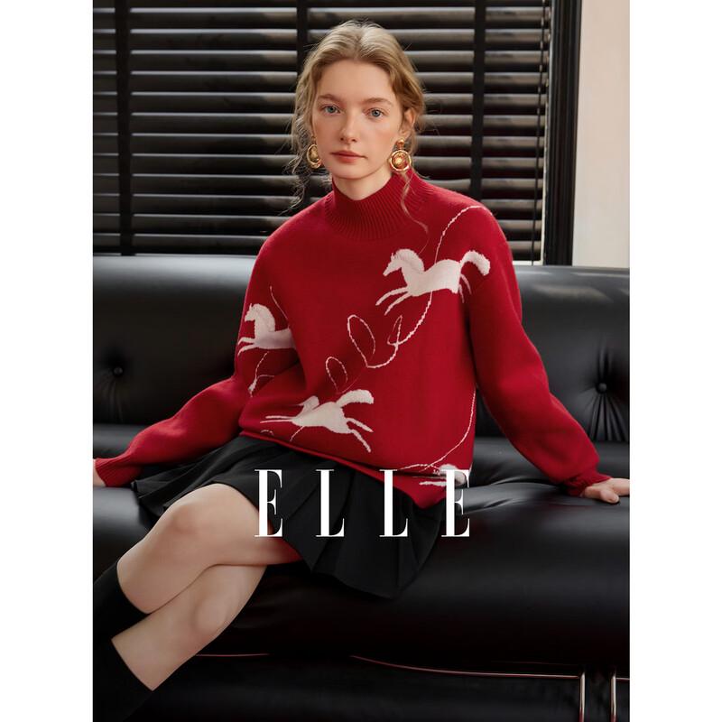 ELLE Women s Horse Jacquard High-Neck Knit Sweater L