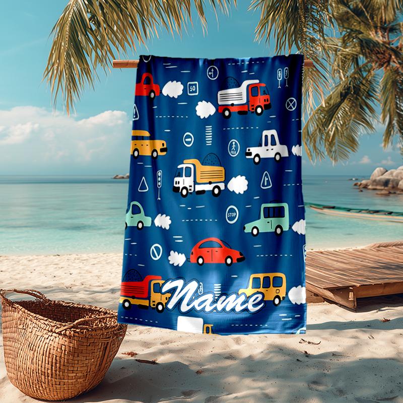 Custom Name Ultra-Soft Beach Towel with Cute Cars Theme,Ideal for Pool - Camping, Diving - Perfect Travel Essential, Vibrant Beach Towel.