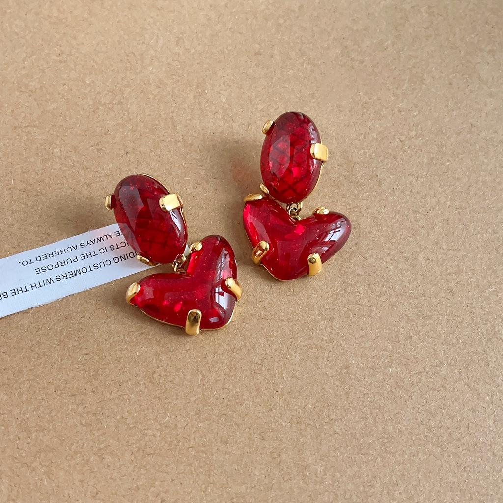 Elegant Retro Red Heart Pearl Earrings for Women - French Style Jewelry