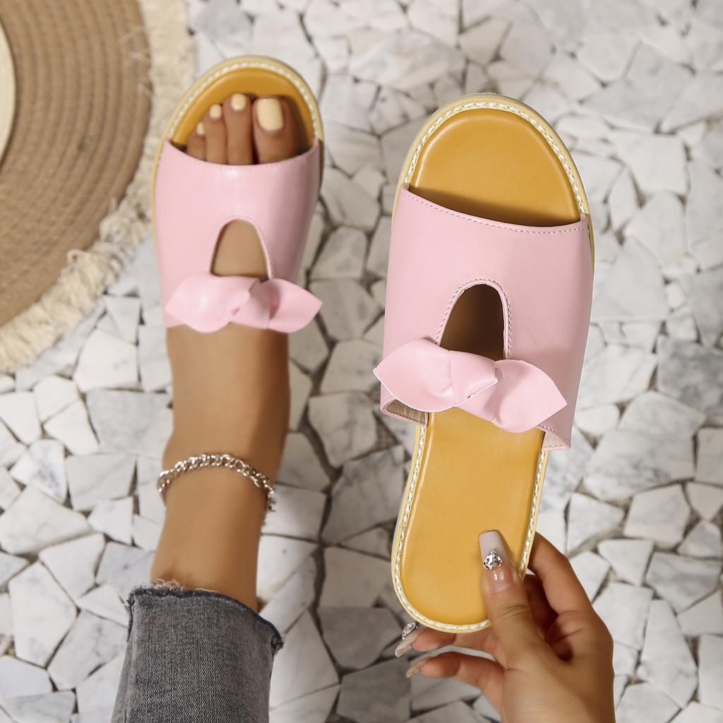 2025 Summer New Arrival Plus Size Women's Shoes Casual Solid Color Bow Stitching Thong Sandals