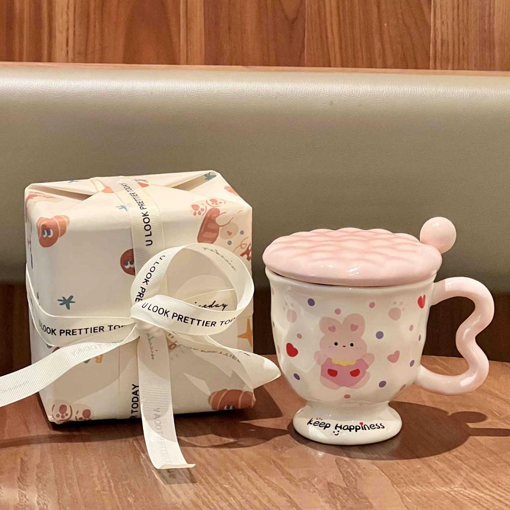 Vysoký Roztomilý Hrnek pro Pár s Králíčkem s Puntíky a Vysokým Vzhledem, Kreslený Keramický Hrnček, Narozeninový Dárek