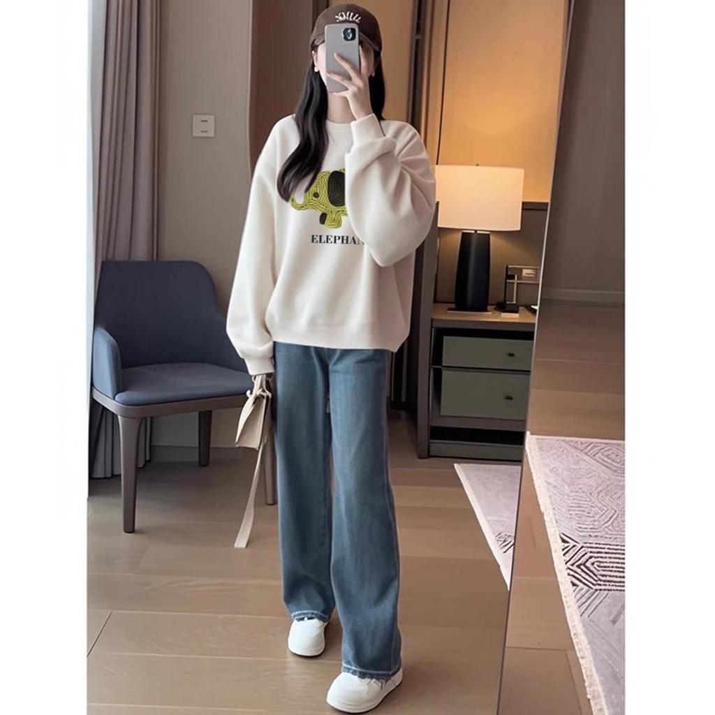 Korean Style Maternity Sweatshirt & Jeans Set - Spring/Autumn High-End Round Neck Outfit