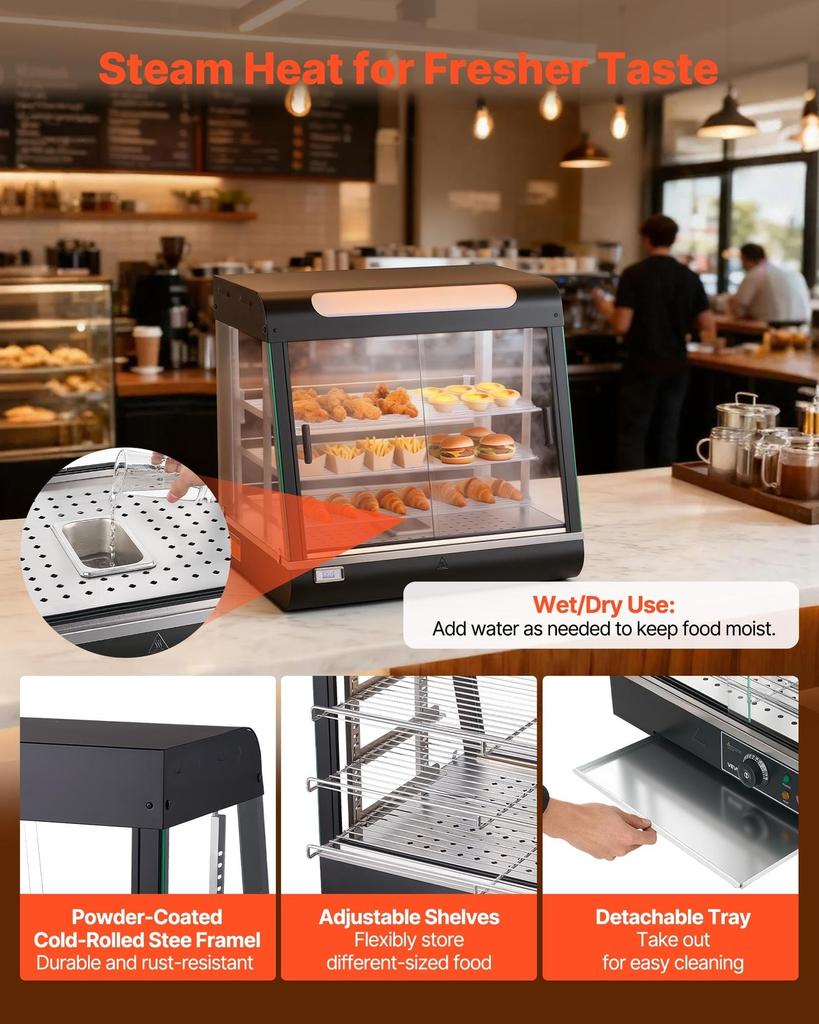 3-Tier Commercial Food Warmer Display, 1200W Food Display Warmer with LED Light, Top Storage and Adjustable Shelves, 30-85 Steam Heating, 106Qt/100L