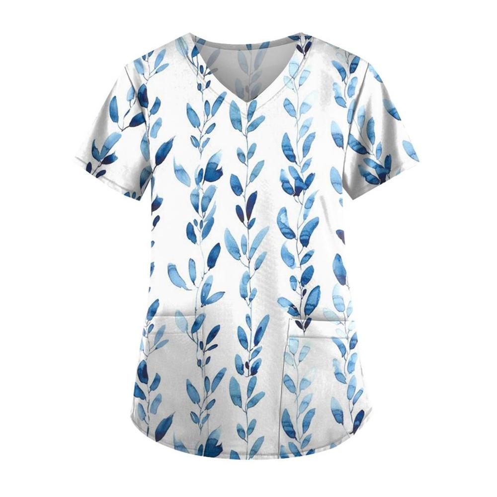 Scrub Medical Woman Floral Print Vet Nursing Tops Fashion V-Neck Short Sleeve Patch Pocket Health Care Clinical Uniform Woman