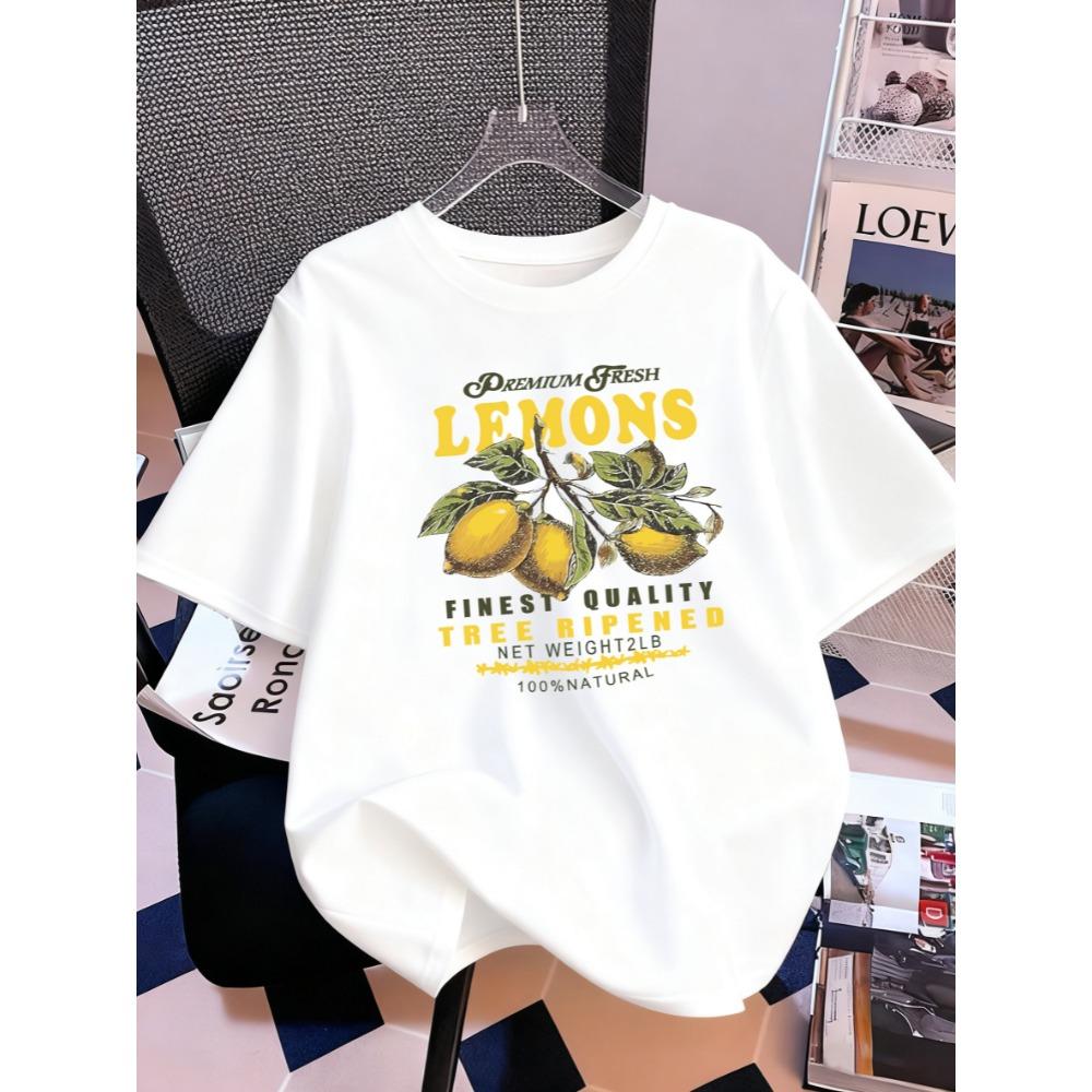 

Premium Fresh Lemons Fruit Print Short Sleeve Women Cotton Y2K Crewneck T-Shirt Soft Top Summer Oversized T Shirt S