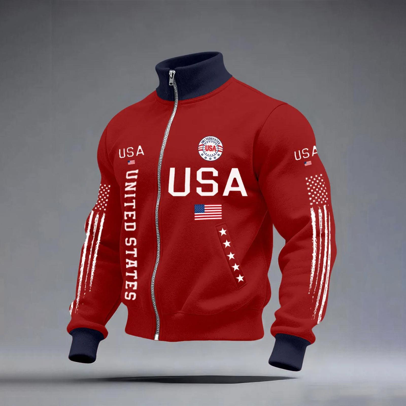 

USA Anniversary Men s Casual Letter Print Long-Sleeve Zip-Up Cardigan XXL