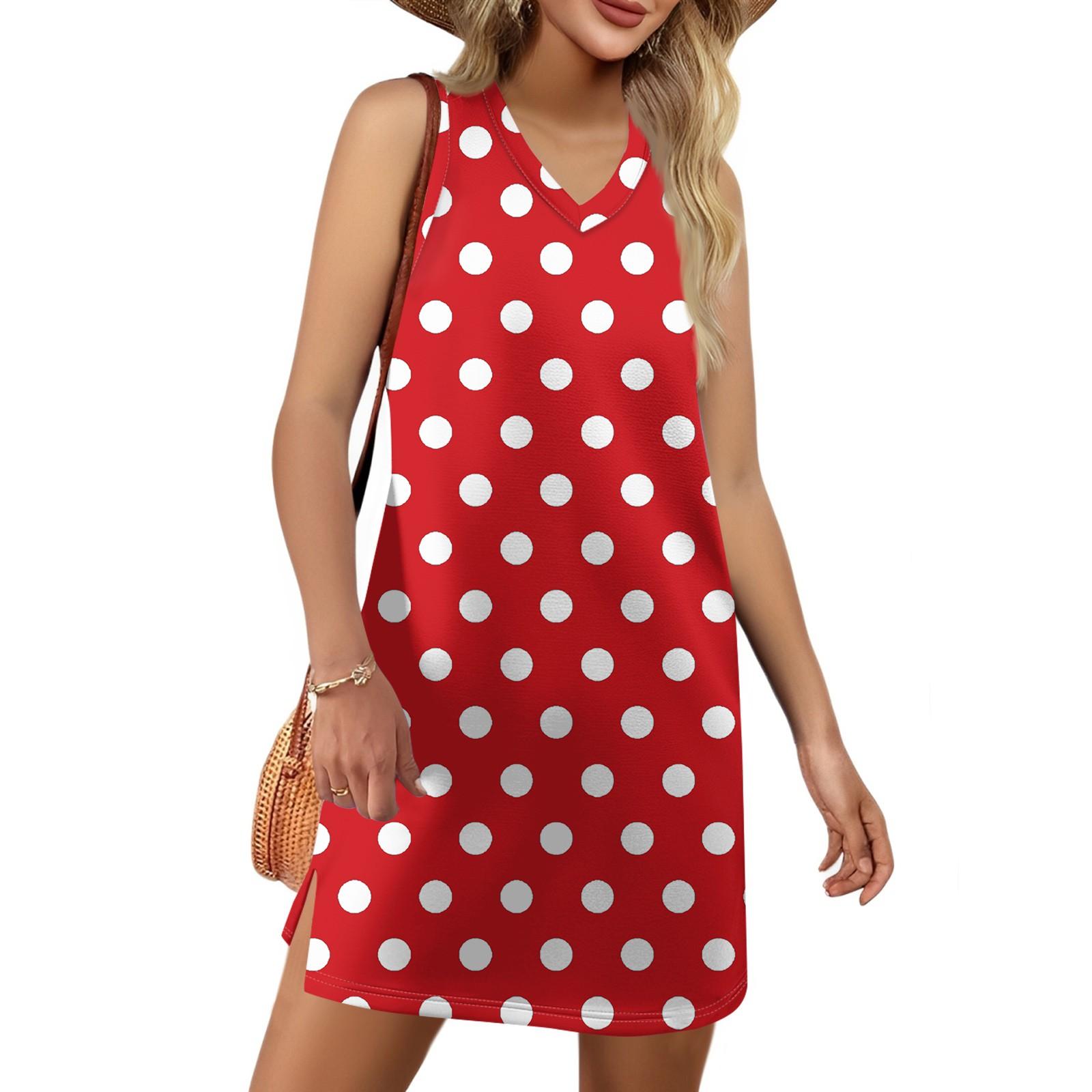 

Women s V-neck Summer Casual Beach Vacation Women s Sleeveless Polka Dot Print Sundress L червоний