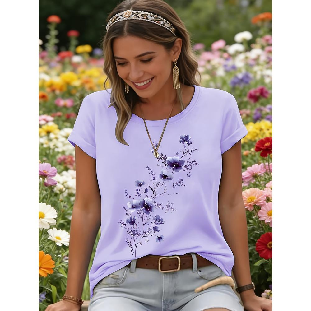 

Women Cotton Short Sleeves T-shirts Purple Floral Branch Women s Tee Delicate Watercolor Flower Light Purple Top S