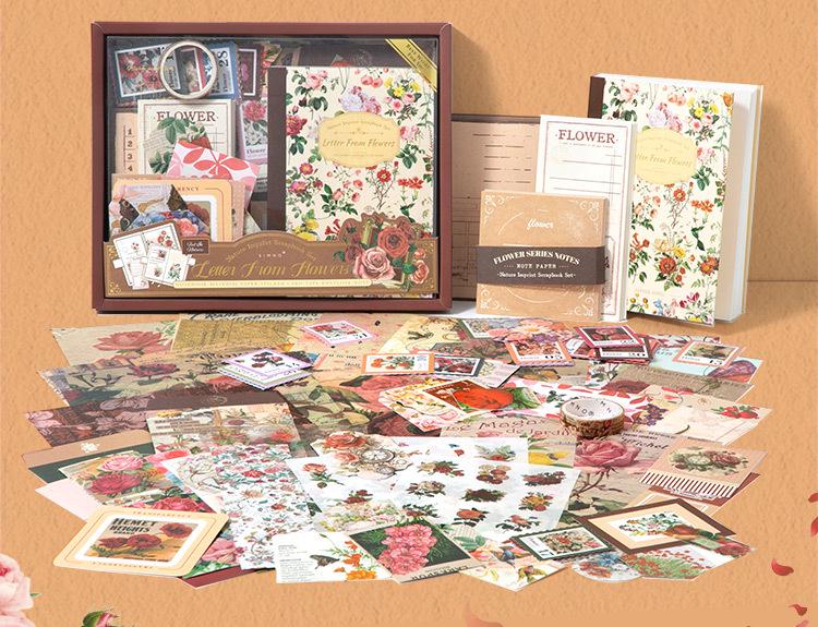 Retro Floral Imprint Greeting Journal Gift Box with English Stickers
