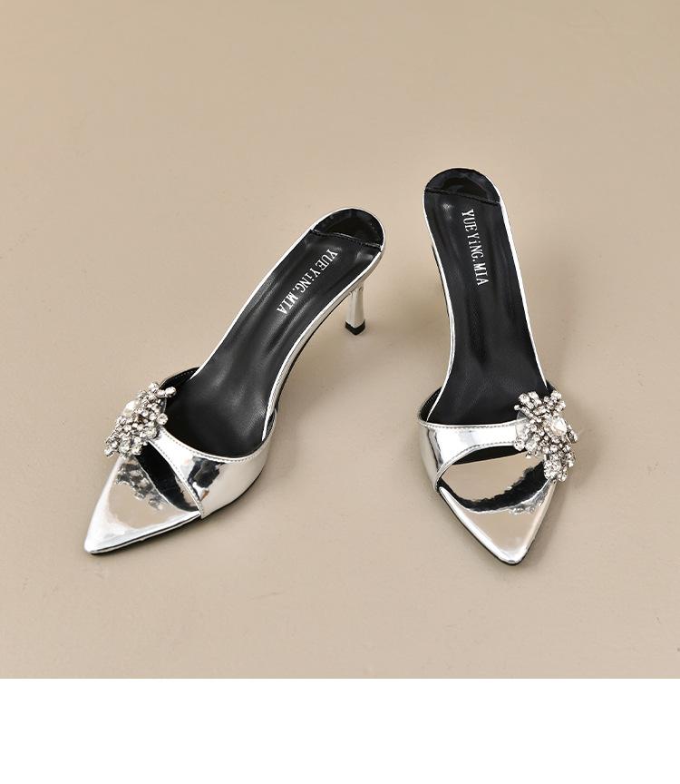 Mi Ting pointed rhinestone one-word open-toed thin heel cool slippers women's 2025 new temperament wear high heel one-word drag