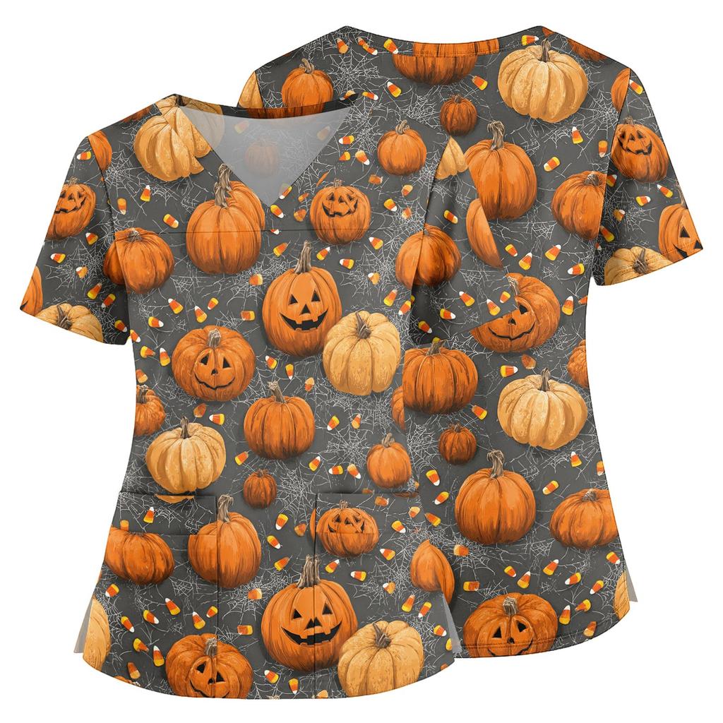 Women V Neck Short Sleeve Scrub Top with Halloween Pumpkin Print Side Slit and Pockets for Uniform
