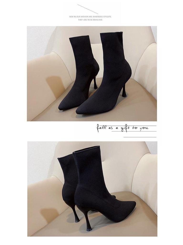 European Autumn/Winter Stiletto Knitted Wool Pointed Toe Sock Ankle Boots: Slimming, Elastic High Heels for Women.
