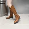 New Boots Women's New Embroidery Side Zipper Western Cowboy Boot Female Brown Retro Chunky Heel Long Boots Zapatos Mujer