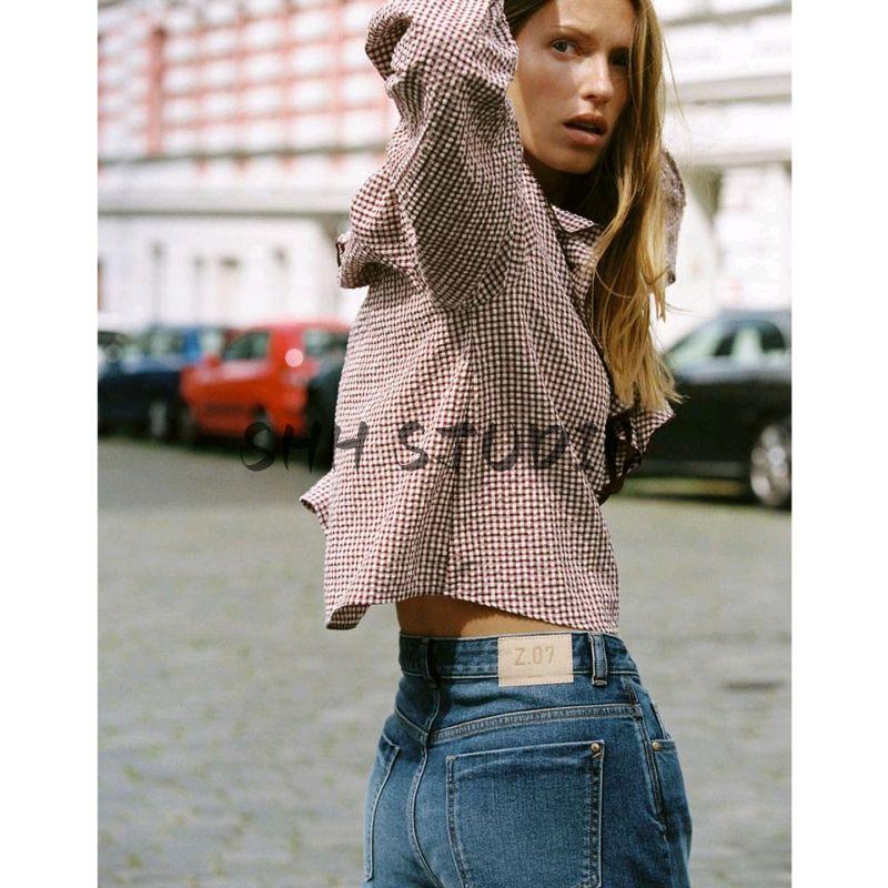 Autumn New Women's Clothing French Simplicity Long Sleeves V-neck Lace-up Small Plaid Laminated Decoration Shirt 5029181