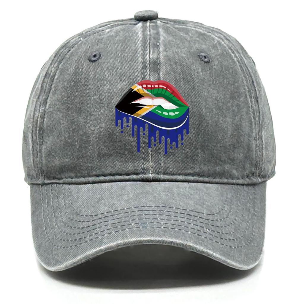 South Africa Flag Lip Print Snapback Sun Hat, Patriotic Flat Cap Hip Hop Leisure Sporting Retro Adjustable Baseball Hat