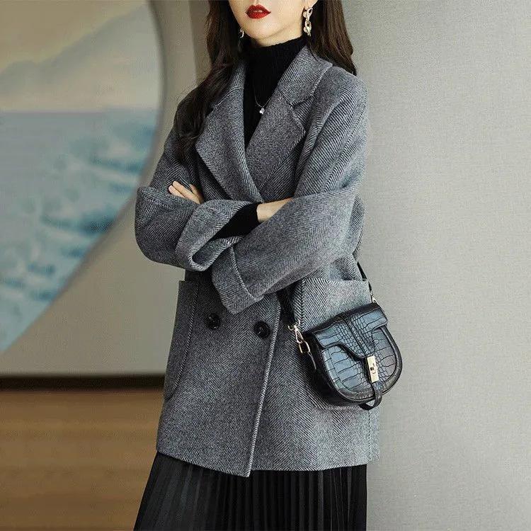 

Autumn and winter new fashion herringbone pattern loose and thin foreign style small man versatile woolen medium and long coat women s trend M