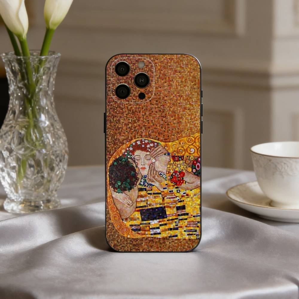 Custodia per Telefono Pittura "Il Bacio" di Gustav Klimt per iPhone 17pro,16,15,14,13,12,11 Plus,Pro Max,XS,Copertura Nera in Silicone Morbido