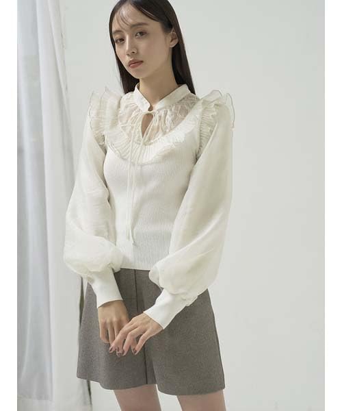 Snidel Pleated Collar Docking Knit Pullover SWNT245231 White Women's