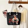 Classic Outdoor Practical Retro Canvas Tote Bag Cartoon Print Handheld Beach Bag Large Capacity CLE