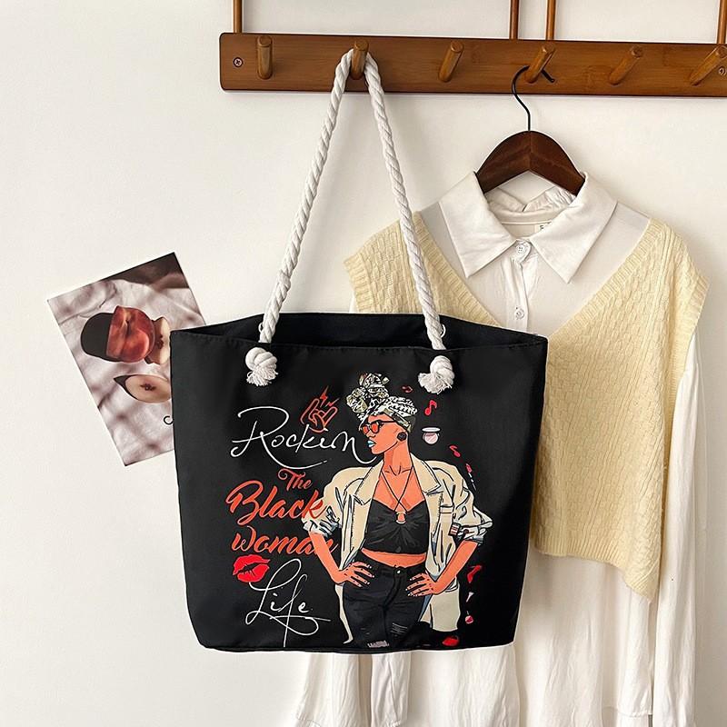 Classic Outdoor Practical Retro Canvas Tote Bag Cartoon Print Handheld Beach Bag Large Capacity CLE