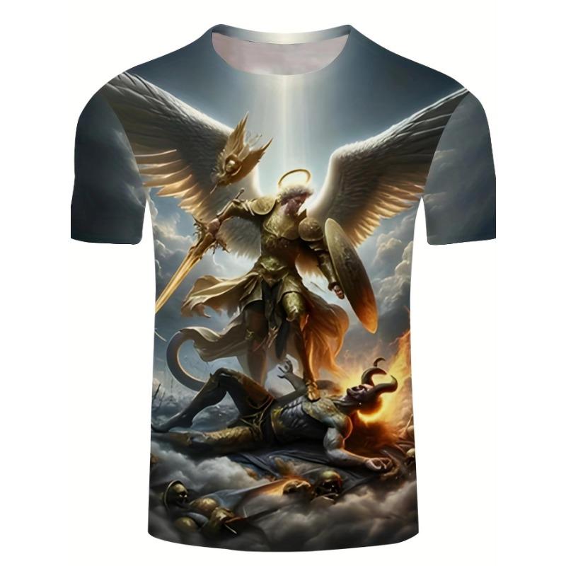 Men's 3D Lion Graphic T-Shirt - Black with Golden Flame Design, Lightweight Summer Casual Round Neck Short Sleeve Tee,