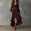 Damen V-Ausschnitt Wickel-Maxikleid Langarm Spitze Besatz Rüschen Unregelmäßiger Saum Boho-Kleid