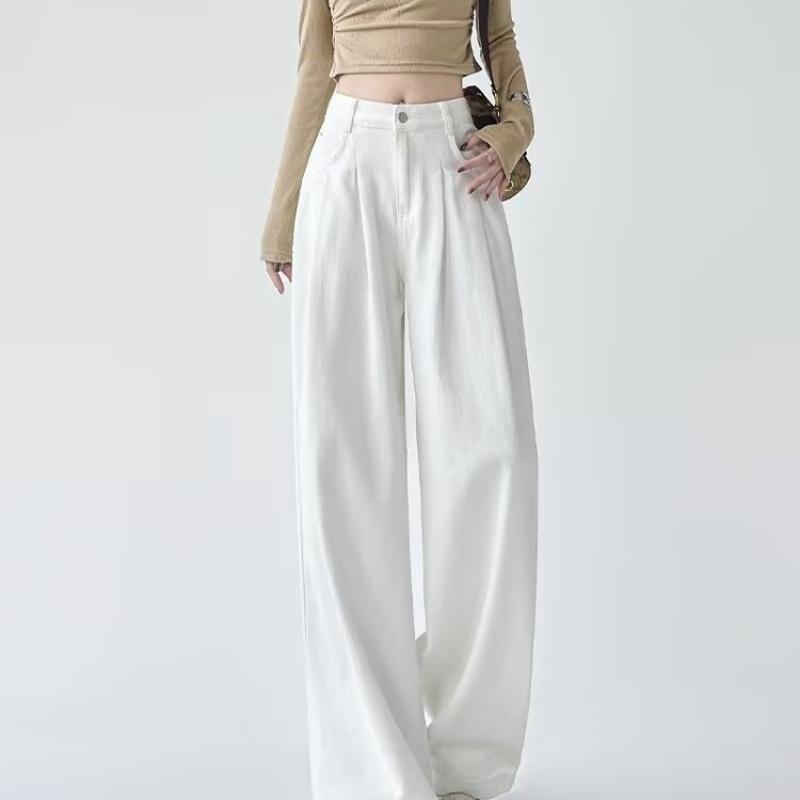 White Wide-Leg Jeans For Women New High-Waisted Pleated Loose-Fitting Slimming Hip-Covering Drapey Floor-Length Straight Pants